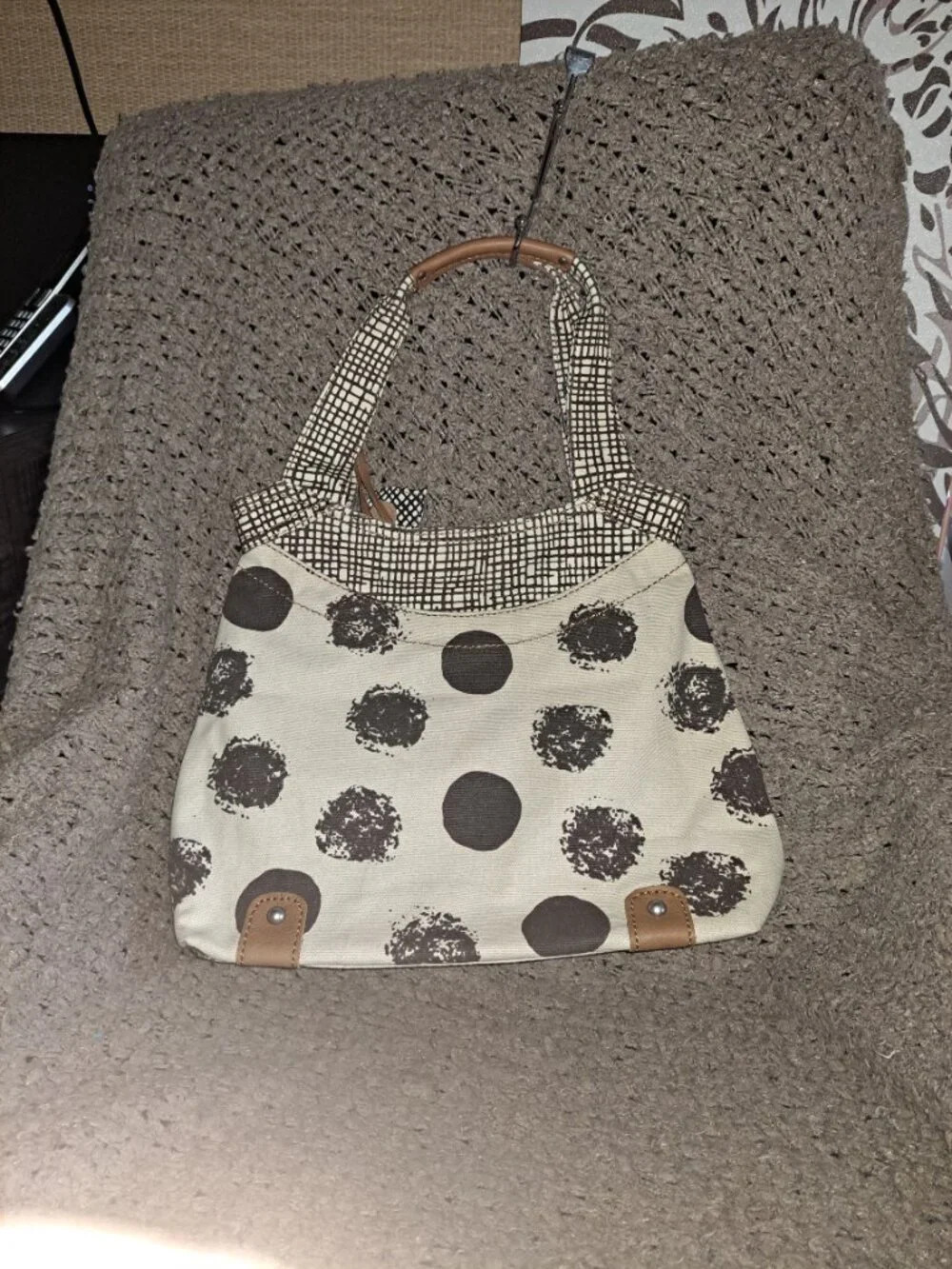 FOSSIL-Canvas/Leather Hobo Bag-Cream/Brown-2 Bag Charms-New/No Tags